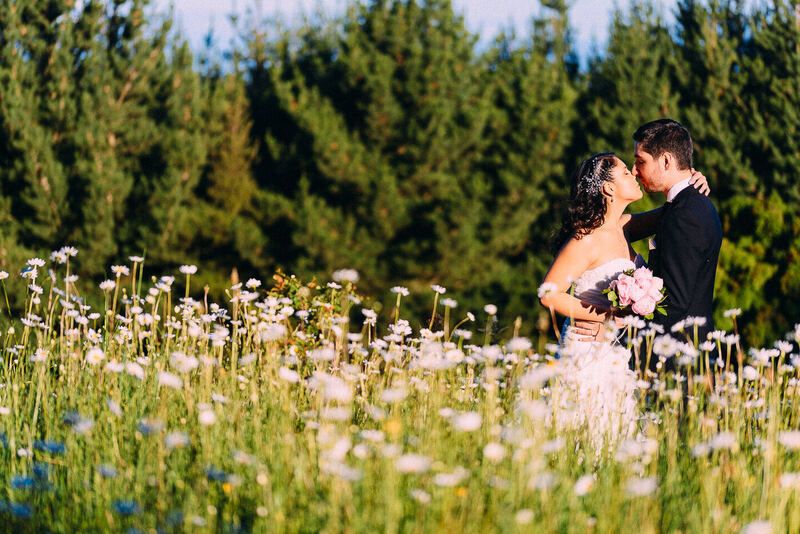 Novios besándose en un campo de flores